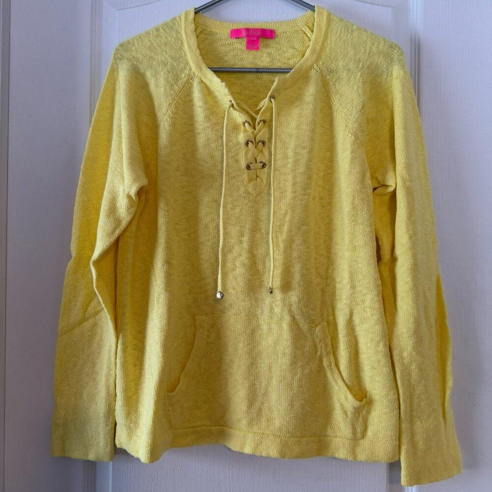 Lilly Pulitzer Yellow Sweater Tie Front Pouch Pocket Size L EUC!